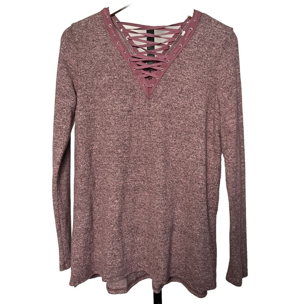 Orange Creek Heather Purple Knit Large NWT Boho Lace Up V Neck Stretch USA Made
